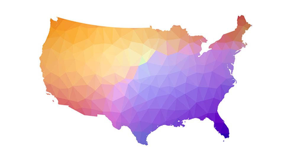 Outline of the United States in a colorful polygonal design using purple on the right and fading into successive layers of color moving to the left, including orange, yellow, pine, and slight red