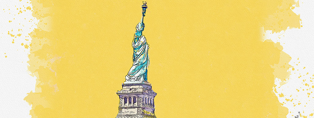 Watercolor sketch or illustration of the Statue of Liberty in New York in the USA.