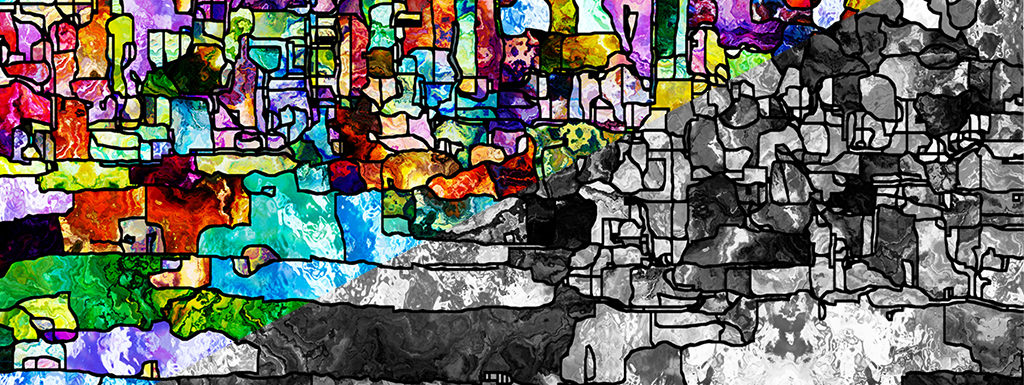 Half abstract stained glass, half stained glass filtered as black and white