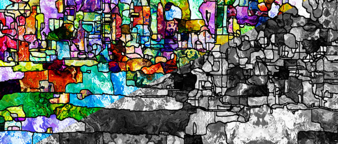 Half abstract stained glass, half stained glass filtered as black and white