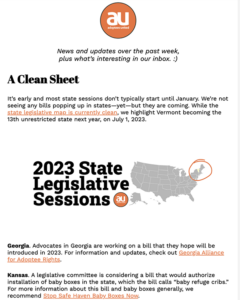 Sample legislative newsletter from Adoptees United with headings of A Clean Sheet, an image of a map with 2023 State Legislative Sessions, and the states of Georgi and Kansas listed below.