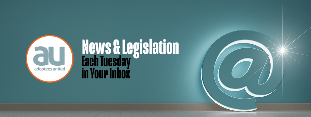Subtle blue background with large 3D @ sign in the right corer, illuminated, with the words on the left News and Legislation, Each Tuesday in your Inbox