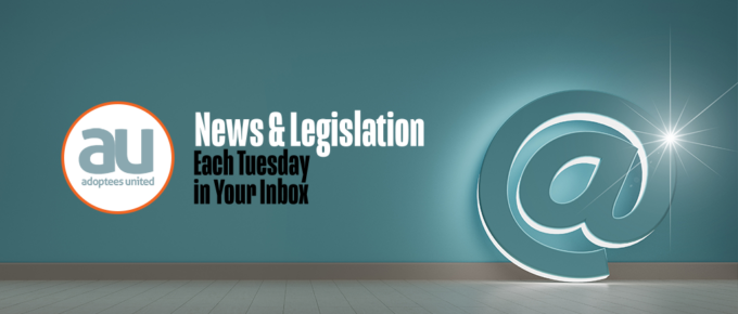 Subtle blue background with large 3D @ sign in the right corer, illuminated, with the words on the left News and Legislation, Each Tuesday in your Inbox