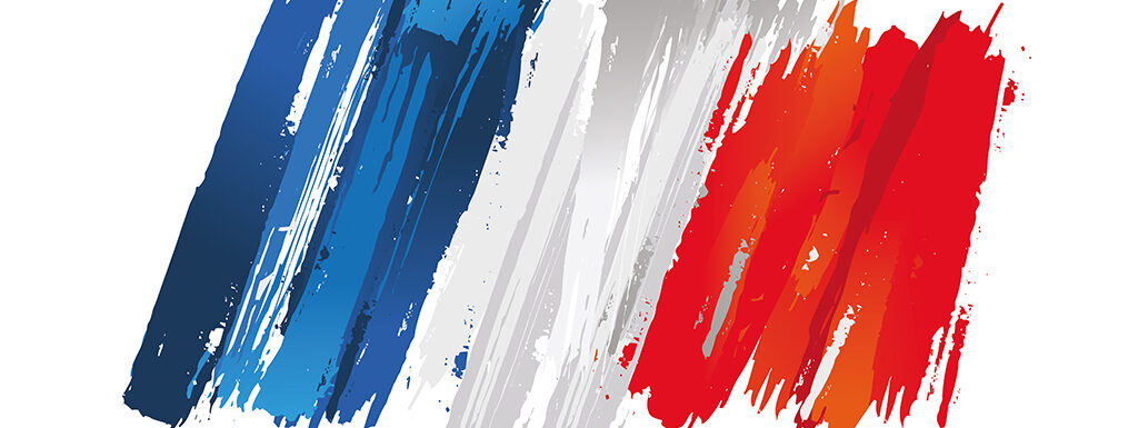 Splash of paint that uses the colors of the French flag, from blue ont the left, white in the middle,. and red on the right