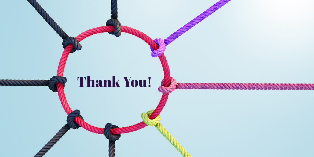 Decorative multi-color small ropes converging and tied together in a round loop, set against a light blue background. In the middle of the circle are the words "Thank You"