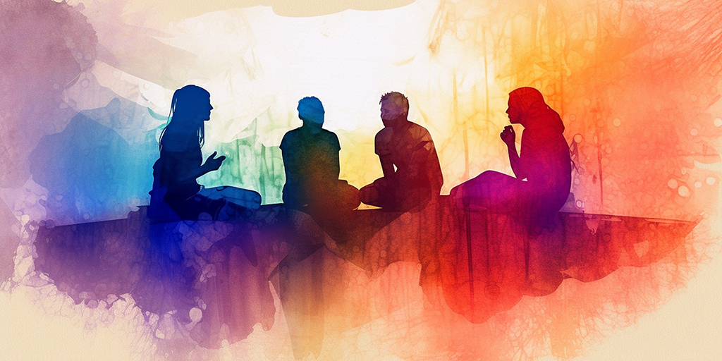 Watercolor Painting on White Background of a Group of People Having a Session or Conversation