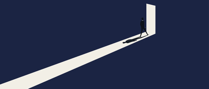 Illustration in dark blue with a illustrated shadow of a person approaching a door outlined in white, leaving a white trail behind and the shadow of the person is in that path.