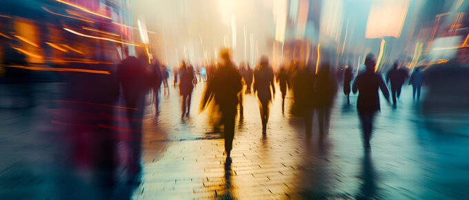 Blurred photo of people walking in a city square at sunset