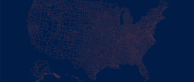 Map of 3,144 counties in the United States, with borders of each county outlined in orange and set against a dark blue background. In very large typeface, the number 3,144 appears in white over the image