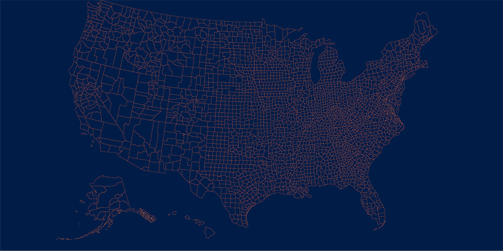 Map of 3,144 counties in the United States, with borders of each county outlined in orange and set against a dark blue background. In very large typeface, the number 3,144 appears in white over the image