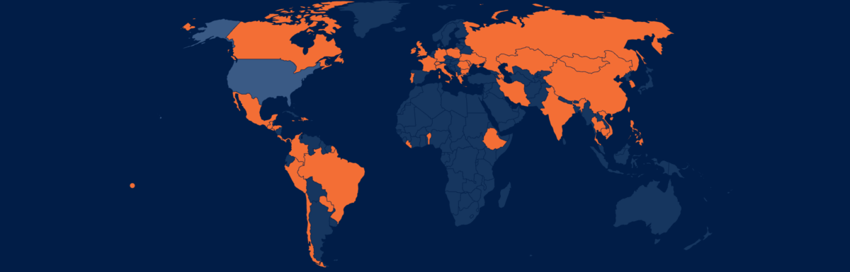 World map with the 46 countries where Citizenship Clinic clients were born highlighted in orange