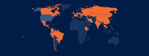 World map with the 46 countries where Citizenship Clinic clients were born highlighted in orange
