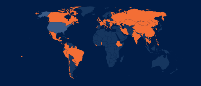 World map with the 46 countries where Citizenship Clinic clients were born highlighted in orange